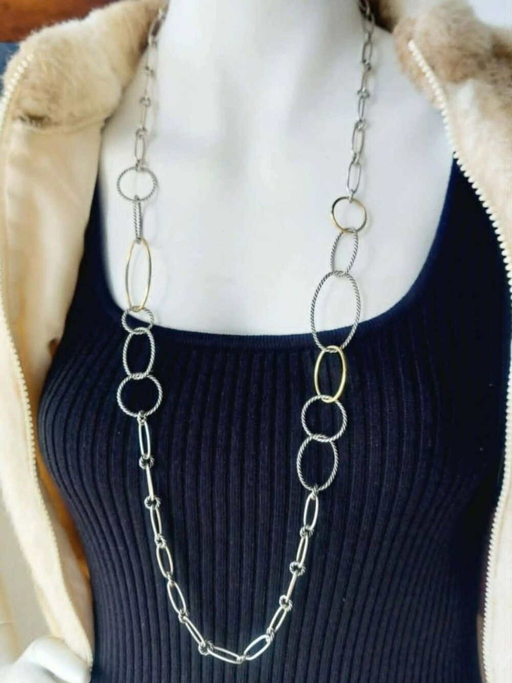 David Yurman Long Two-Tone Silver and Gold Link Necklace